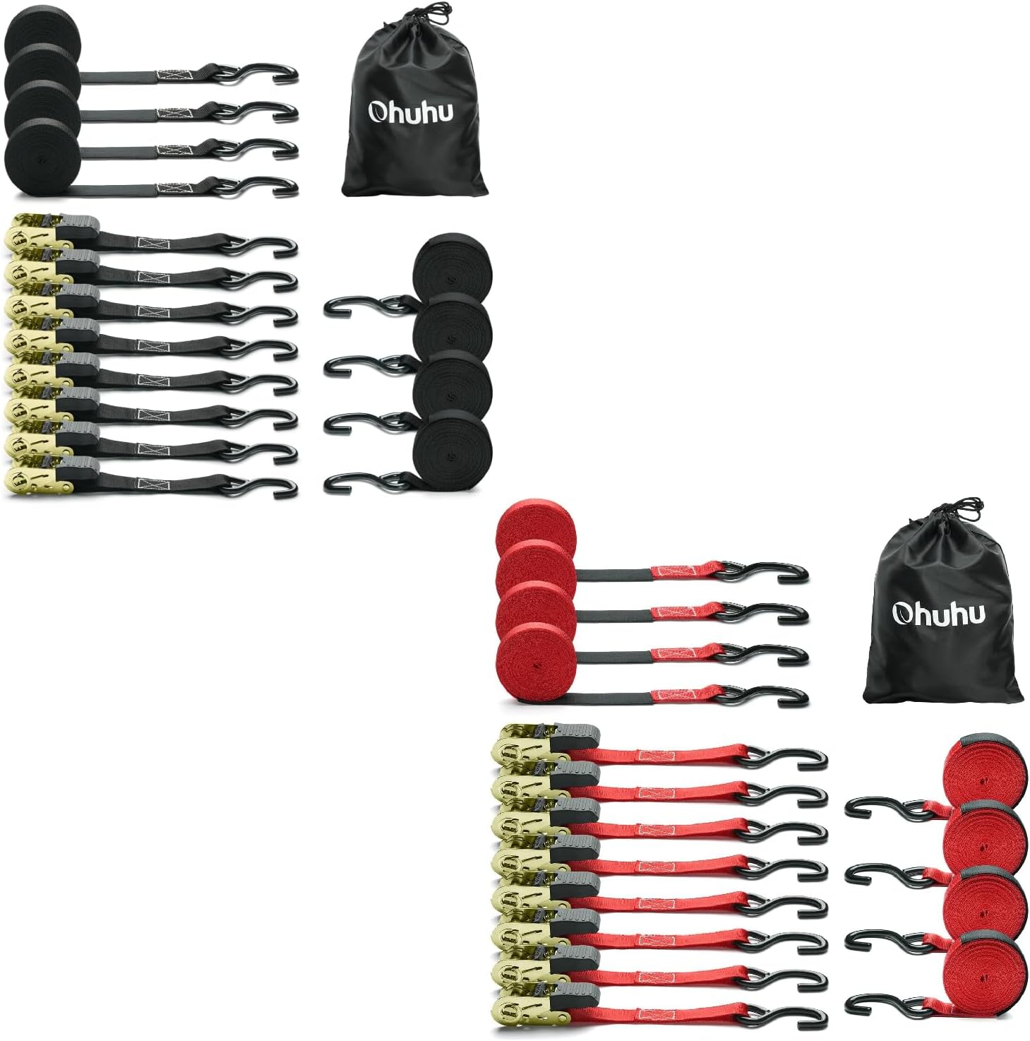 Ohuhu Ratchet Tie Down Straps 16-Pack (8-Pack Black + 8-Pack Red)