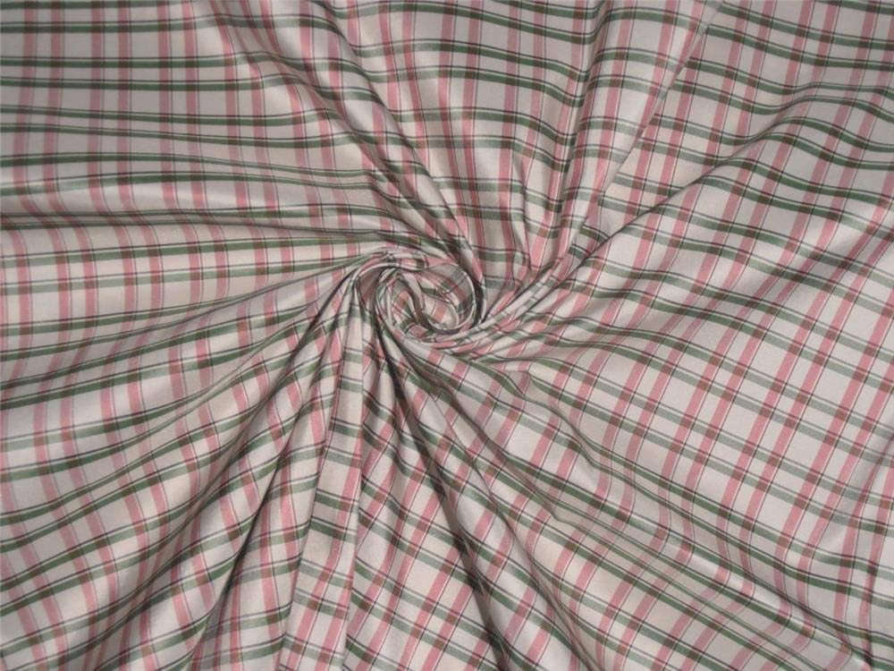 100% Pure Silk Taffeta Fabric Pink Green & Ivory Color Plaids 54