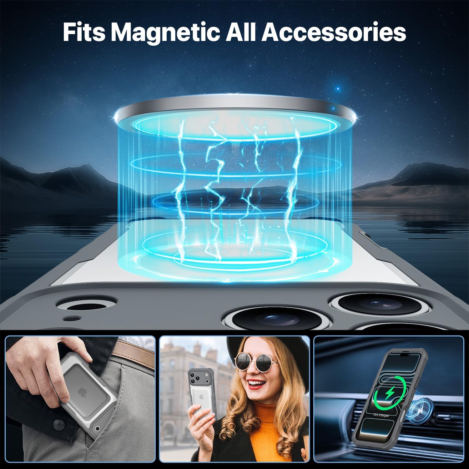 CENHUFO Magnetic Privacy for iPhone 17 Pro Case [Compatible with Magsafe] Full Body Phone Case Built-in 9H Tempered Glass Privacy Screen Protector, Camera Protection Shockproof Bumper Cover - Grey - Image 4