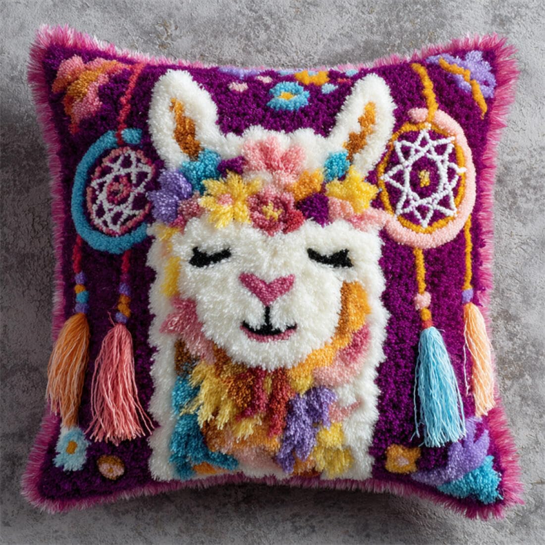 Kitquiver Animal Latch Hook Pillow Kit Alpacas and Dreamcatchers DIY Latch Hook Kits Pillowcase Embroidery,Knitting,Gift for Adults/Beginners 17x17In