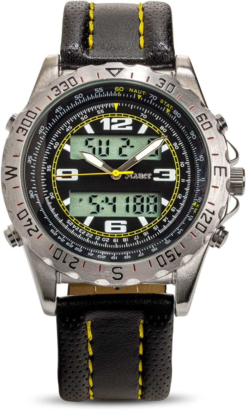 Centurion Hybrid – Dual Analog & Digital – Chrome Alloy Case – Black Stitched Leather Band – Sporty, Fashionable Gift