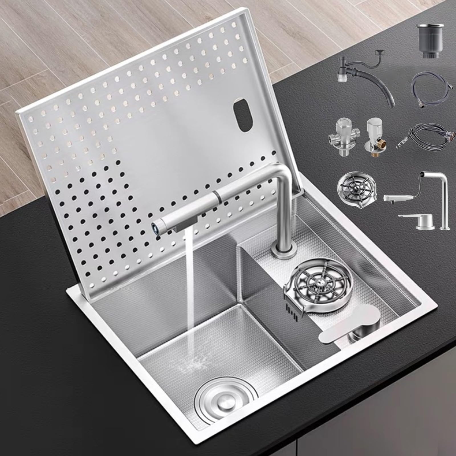 ZQFHSX 45 * 38cm Hidden Kitchen Sink with Cover, Pull-Out Lift Faucet & Glass Rinser – Space-Saving Stainless Steel Single Bowl for RV, Coffee Shop, Bar Counter(Silver)