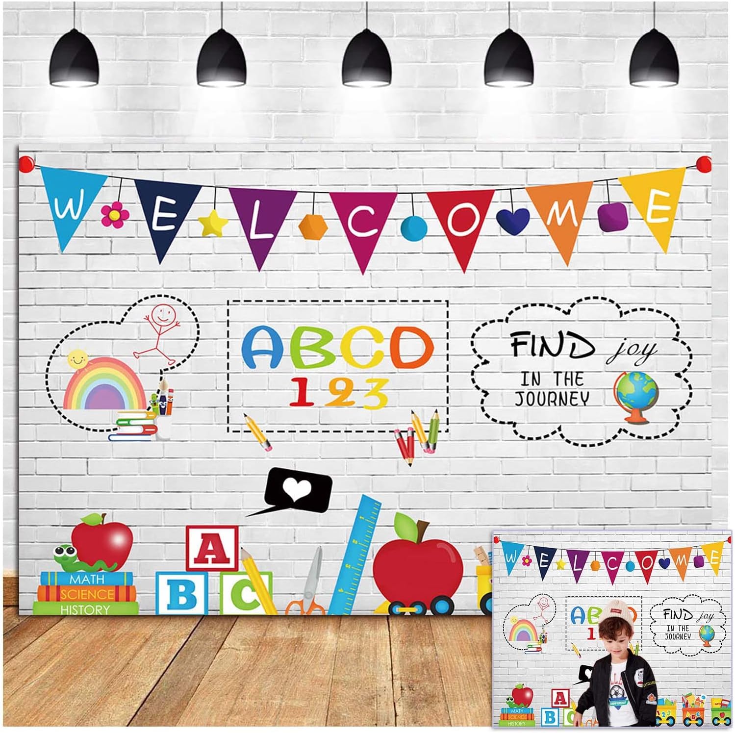 Welcome Online Teaching Teacher Students Pencil Books Subject Photo Background White Brick Wall Study at Home Blackboard Back to School Photography Backdrop Studio Shoot Booth Props (8X6 ft)