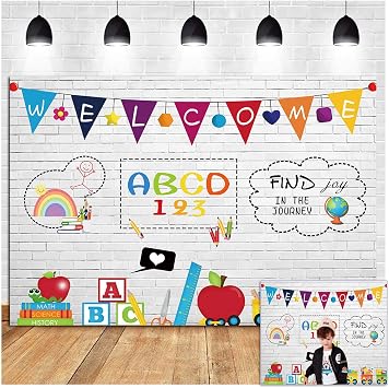 Welcome Online Teaching Teacher Students Pencil Books Subject Photo Background White Brick Wall Study at Home Blackboard Back to School Photography Backdrop Studio Shoot Booth Props 7x5ft