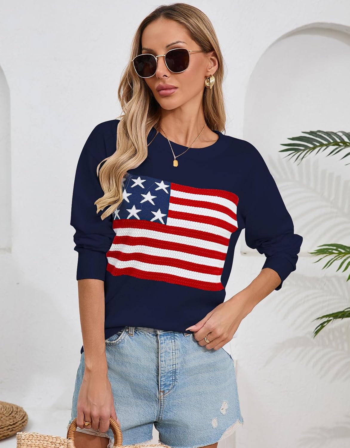Womens American Flag Sweater, Long Sleeve Crewneck Colorblock Striped Pullover with Drop Shoulder - Casual Knitted Sweaters - Image 2