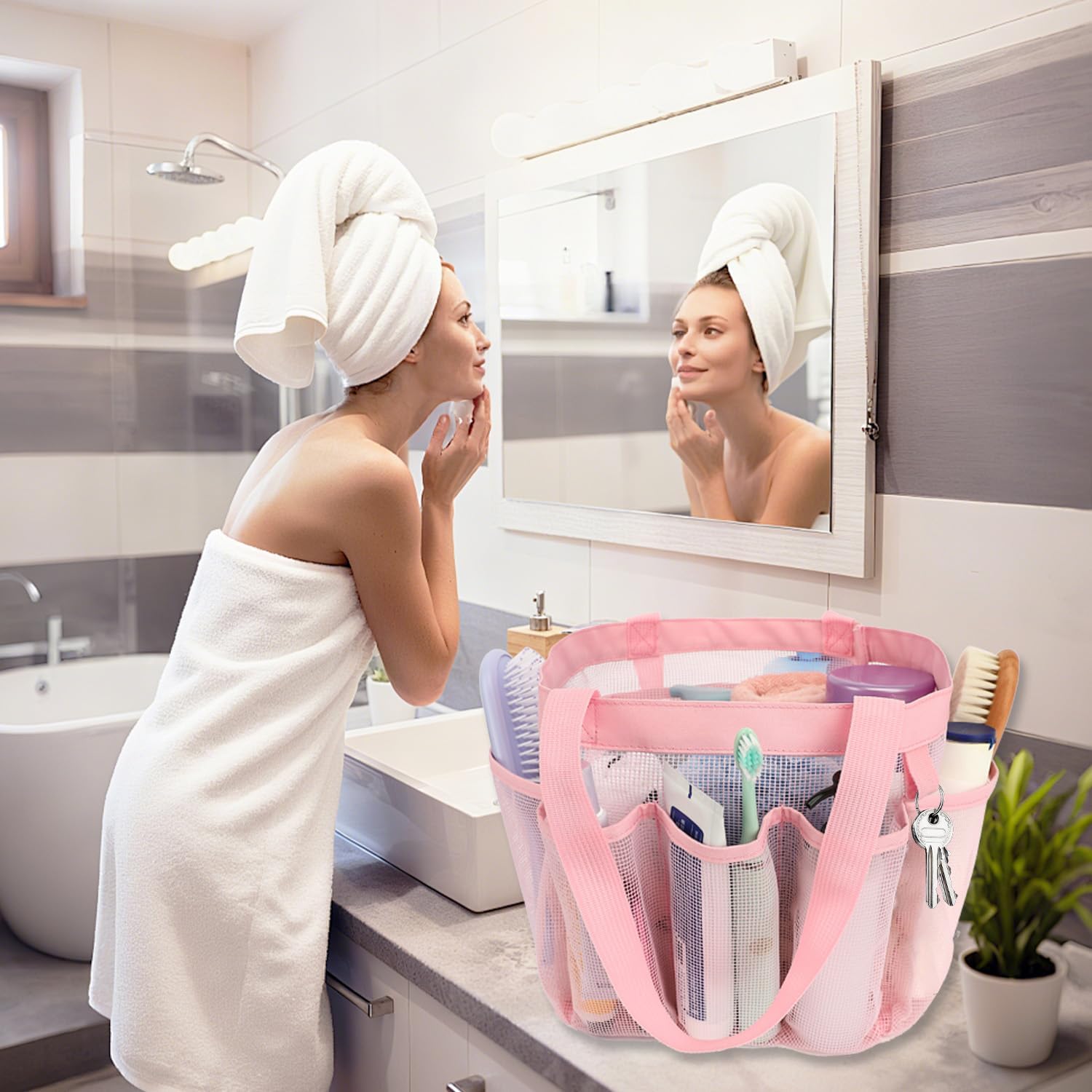 Mesh Shower Caddy Portable for College Dorm Room Essentials, 8-Pocket Large Shower Basket Tote Bag with 2 Handles for Toiletry, Bathroom, Beach, Camp, Gym - Image 8