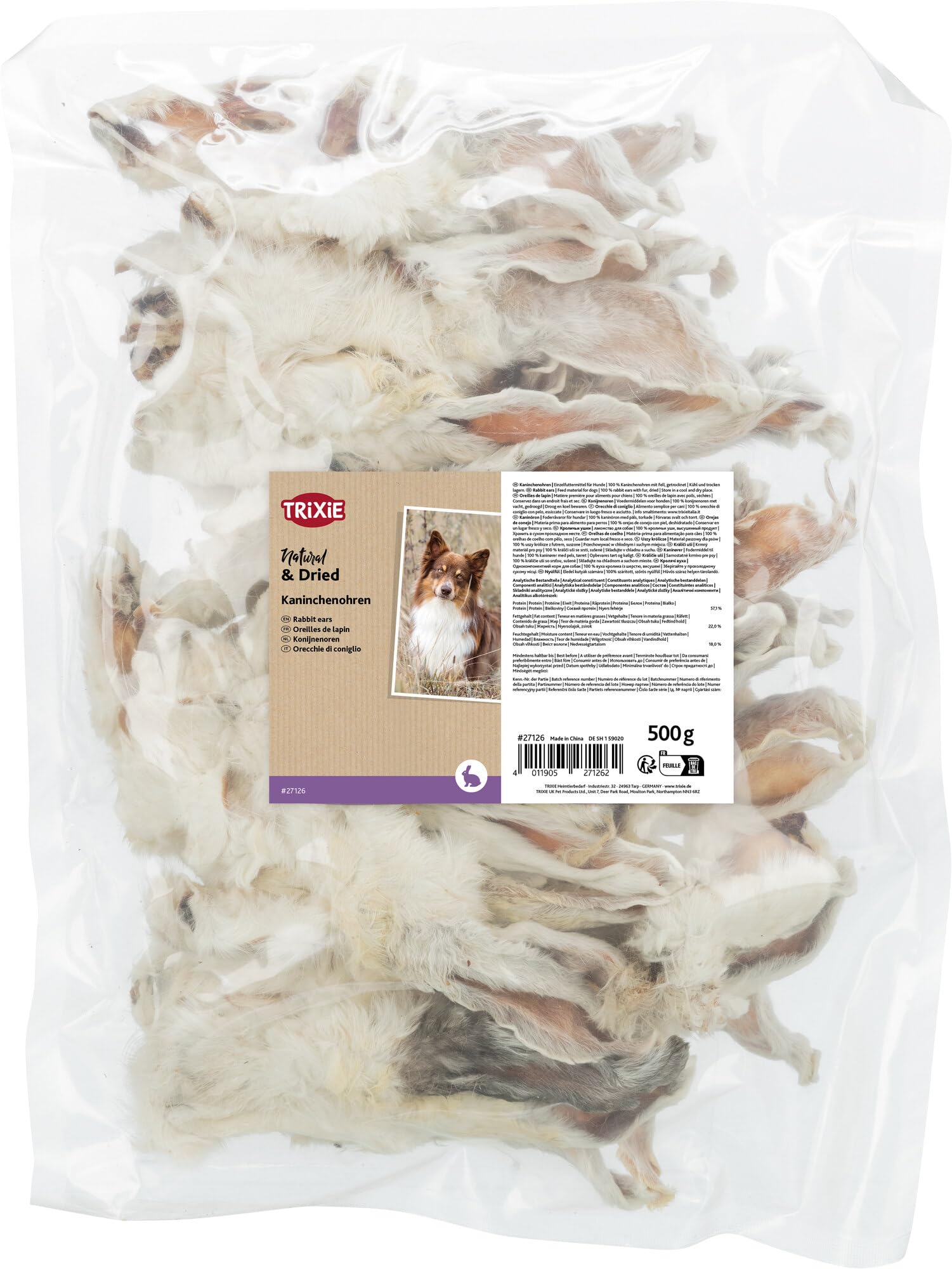 TRIXIE Hundeleckerli Kaninchenohren mit Fell Hundesnack - herzhaftes Leckerli mit Kaninchen, ideal für zwischendurch 500 g - 27126