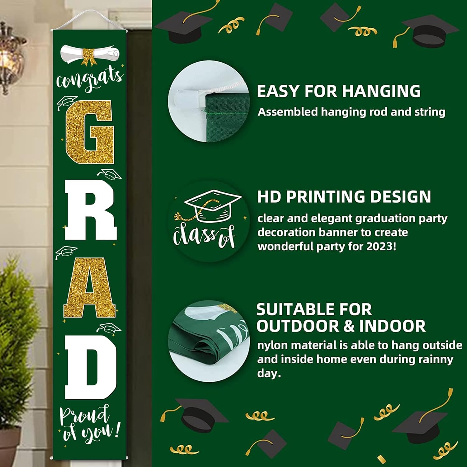 Graduation Decoration Porch Sign GRAD 2026 Green Gold and Disposable Tablecloth 4 Packs and Congrats Card Money Box