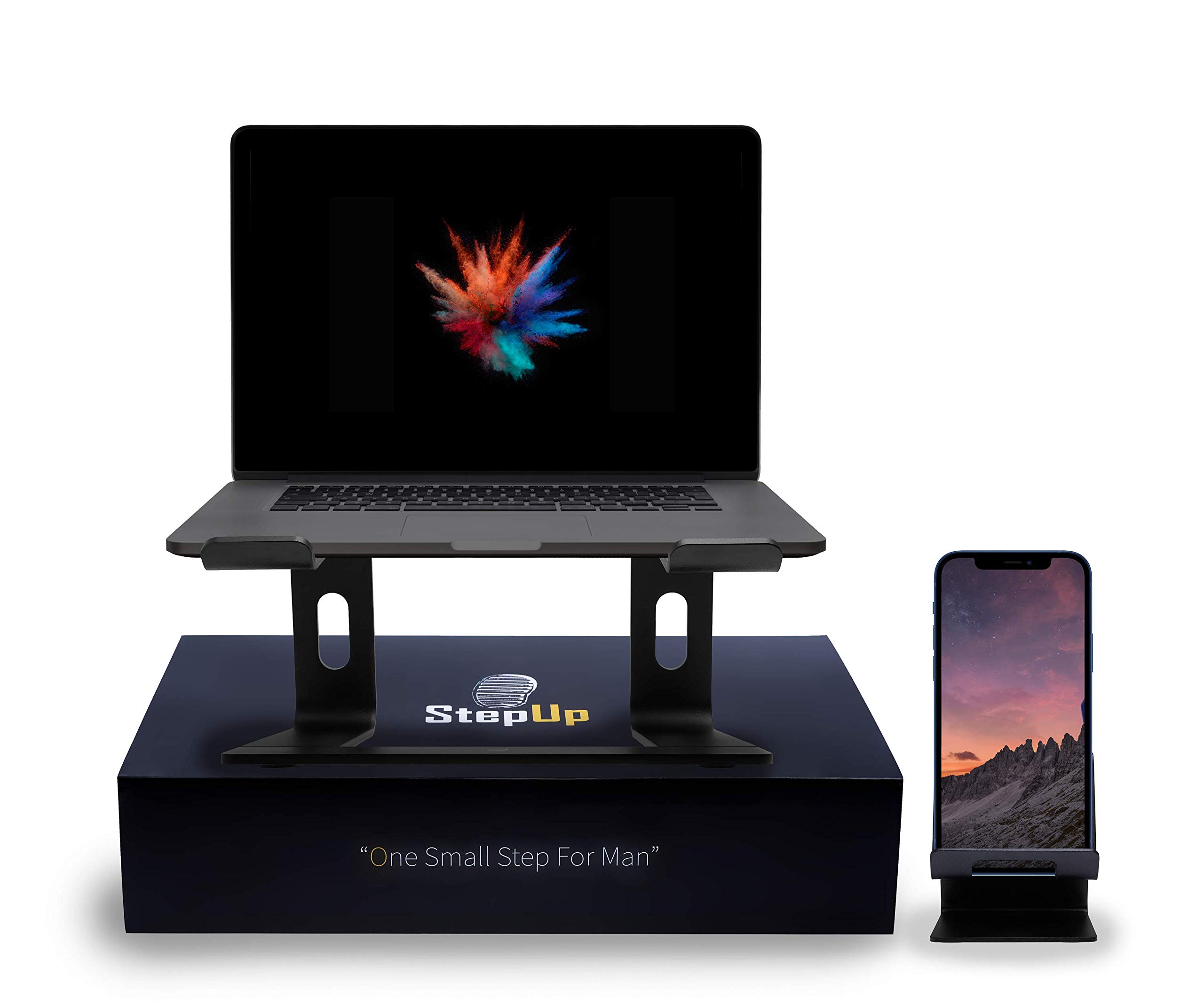 StepUp 2in1 Laptop Stand for Desk and Phone Holder, Docking Ergonomic Aluminum Elevated Stands, Portable Computer Riser, Fits All Raised Devices ipad, Notebook, MacBook Pro 10-17 inch Black