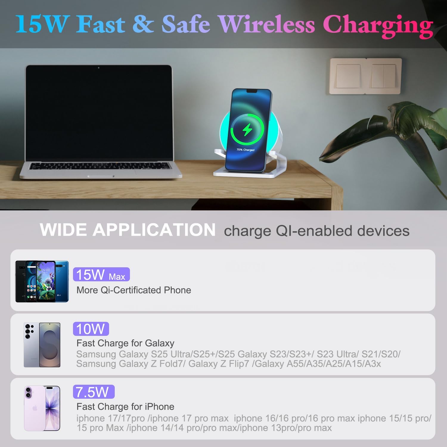 doopo Night Lights Bluetooth Speaker,Wireless Charger 15W with Phone Holder, Touch Control Bedside Lamp Dimmable with Dynamic Colored Music Light, Gifts for Teenage Girls Boys Room Decor - Image 2