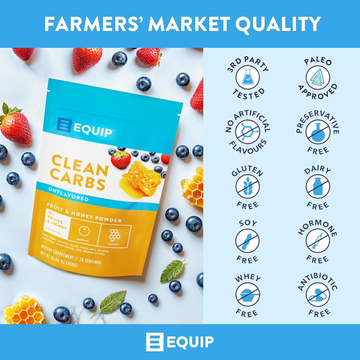 Equip Foods Clean Carbs | 15+ Fruits and Honey Superfood Powder | Post Workout Recovery Powder | Antioxidants, Carbohydrate Supplement | Immune Support Carb Cleaner | 20 Servings, Unflavored - Image 3