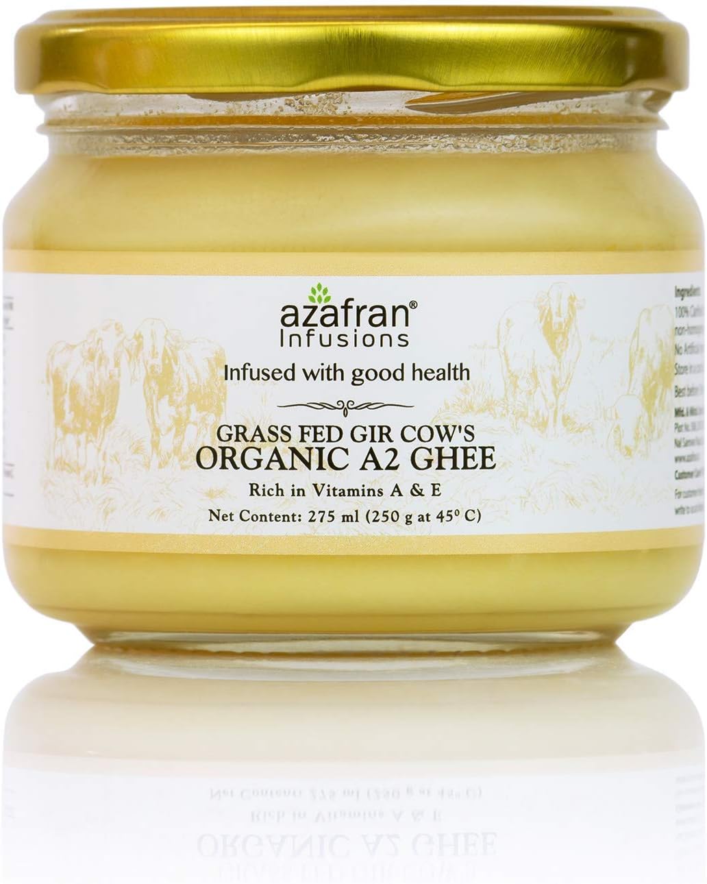 Azafran Infusions Grass Fed Gir Cows Ghee, 100% Organic, 8.8oz, Non-GMO, Delicious, Healthy, Eco Certified, Gourmet Clarified Butter, Rich In Omega 3, Vitamin E, and Vitamin D