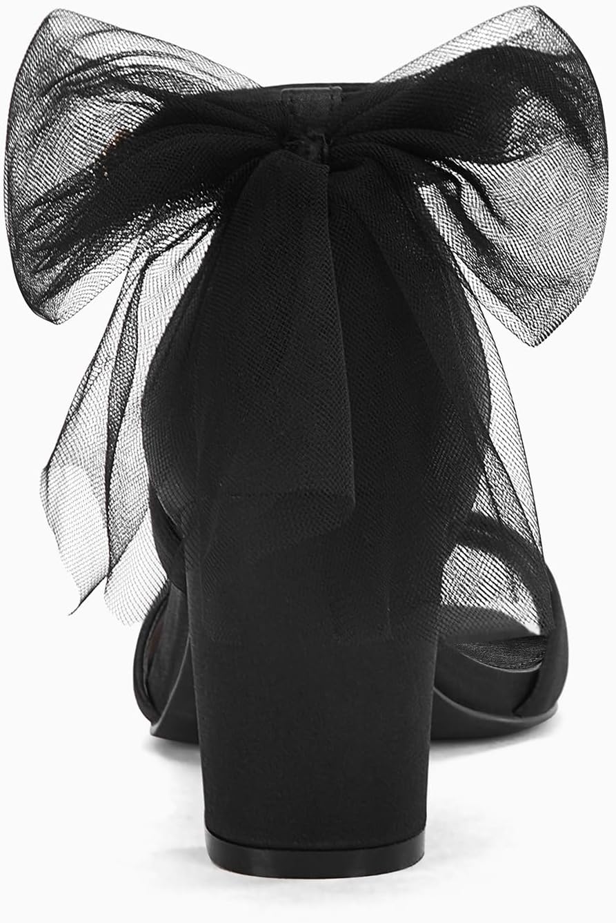 Coutgo Women's Bow Tie Heeled Sandals Chunky Heels One Strap Satin Ankle Buckle Dress Wedding Shoes - Image 6