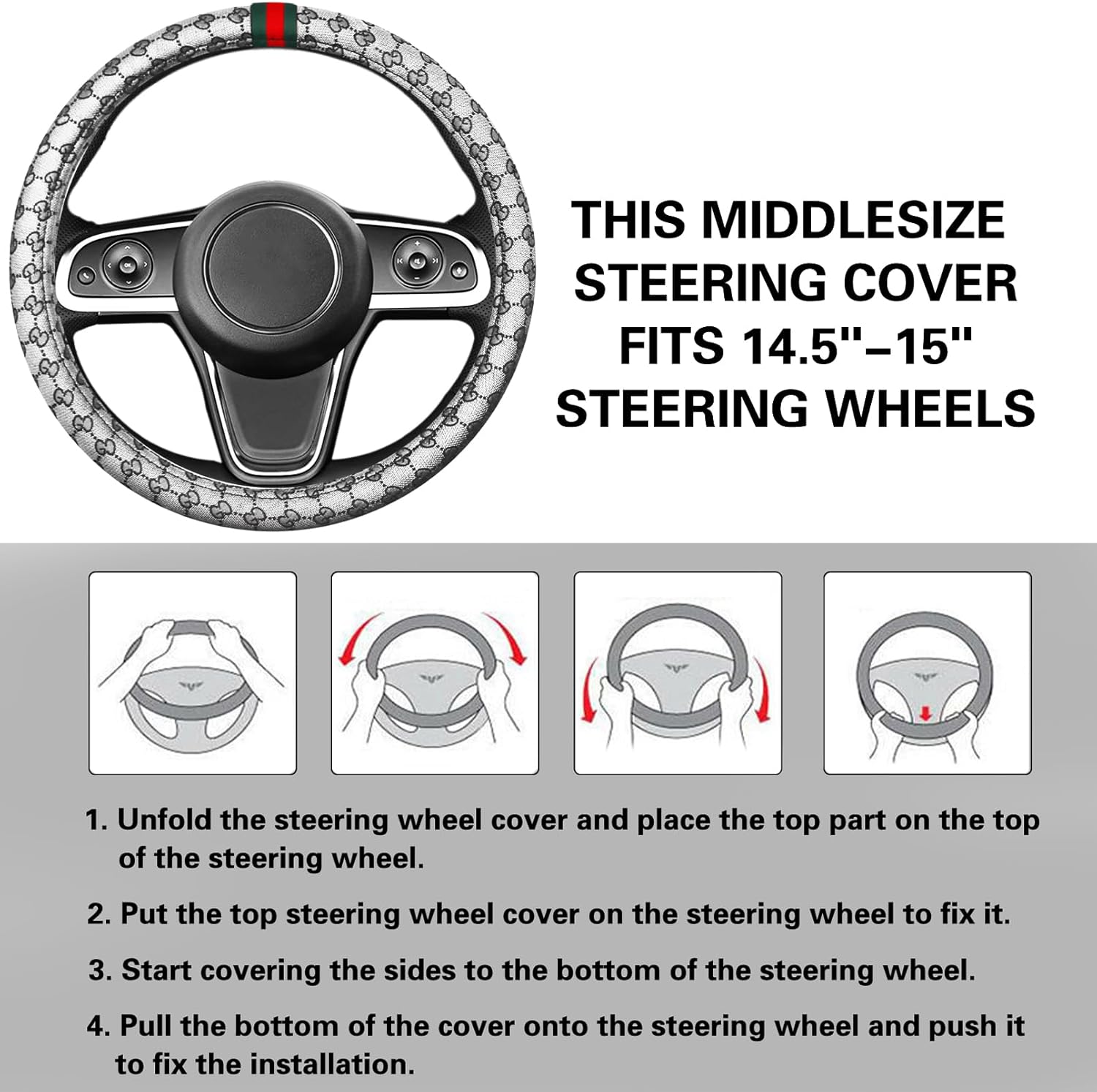 Steering Wheel Cover with 2 Car Headrest Pillow and 2 Seat Belt Cushions Shoulder Pads Universal fit 14 1/2"-15" Steering Wheel (Gray)