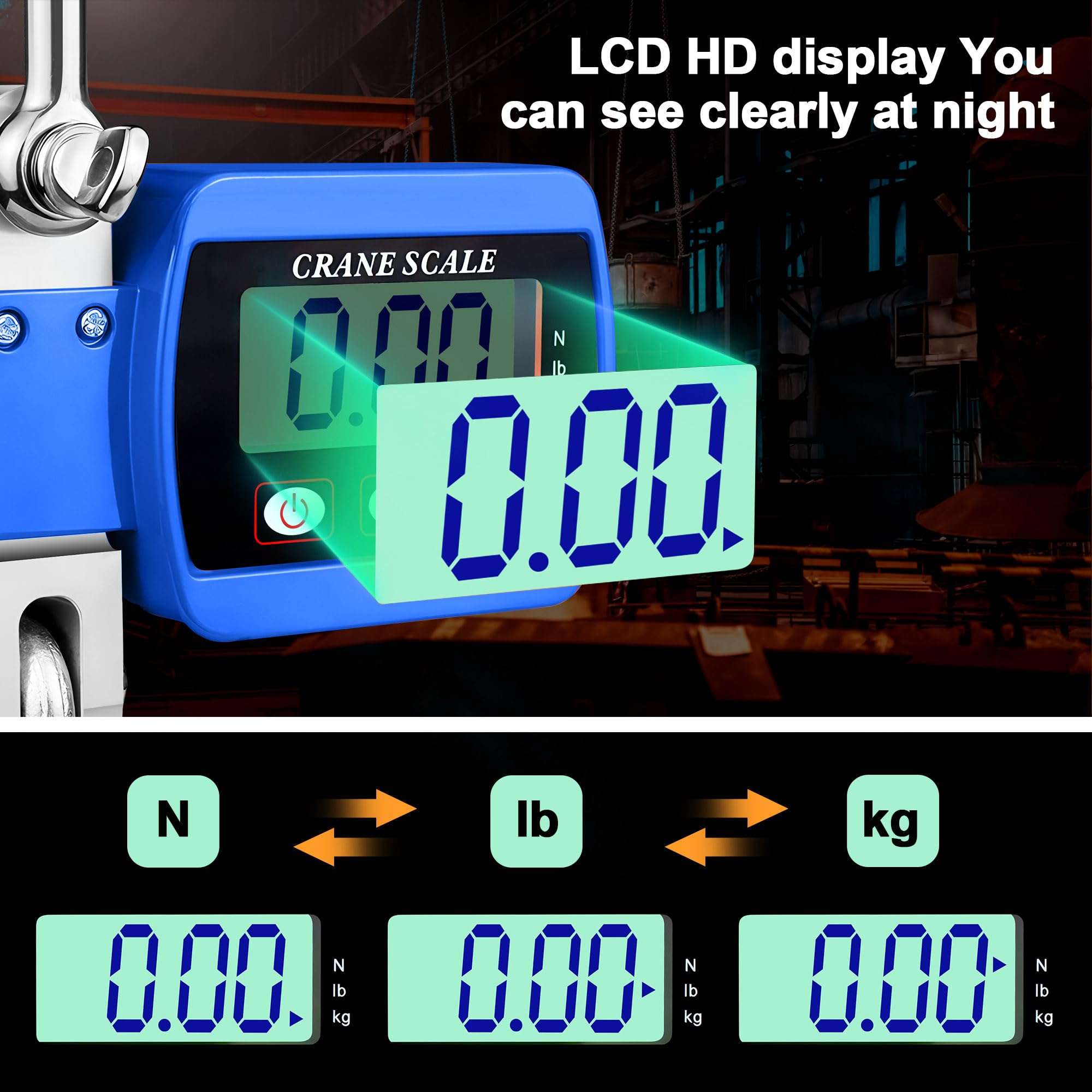 Báscula de grúa 500 kg, báscula colgante digital, báscula electrónica industrial, báscula colgante portátil, LCD, con gancho, azul
