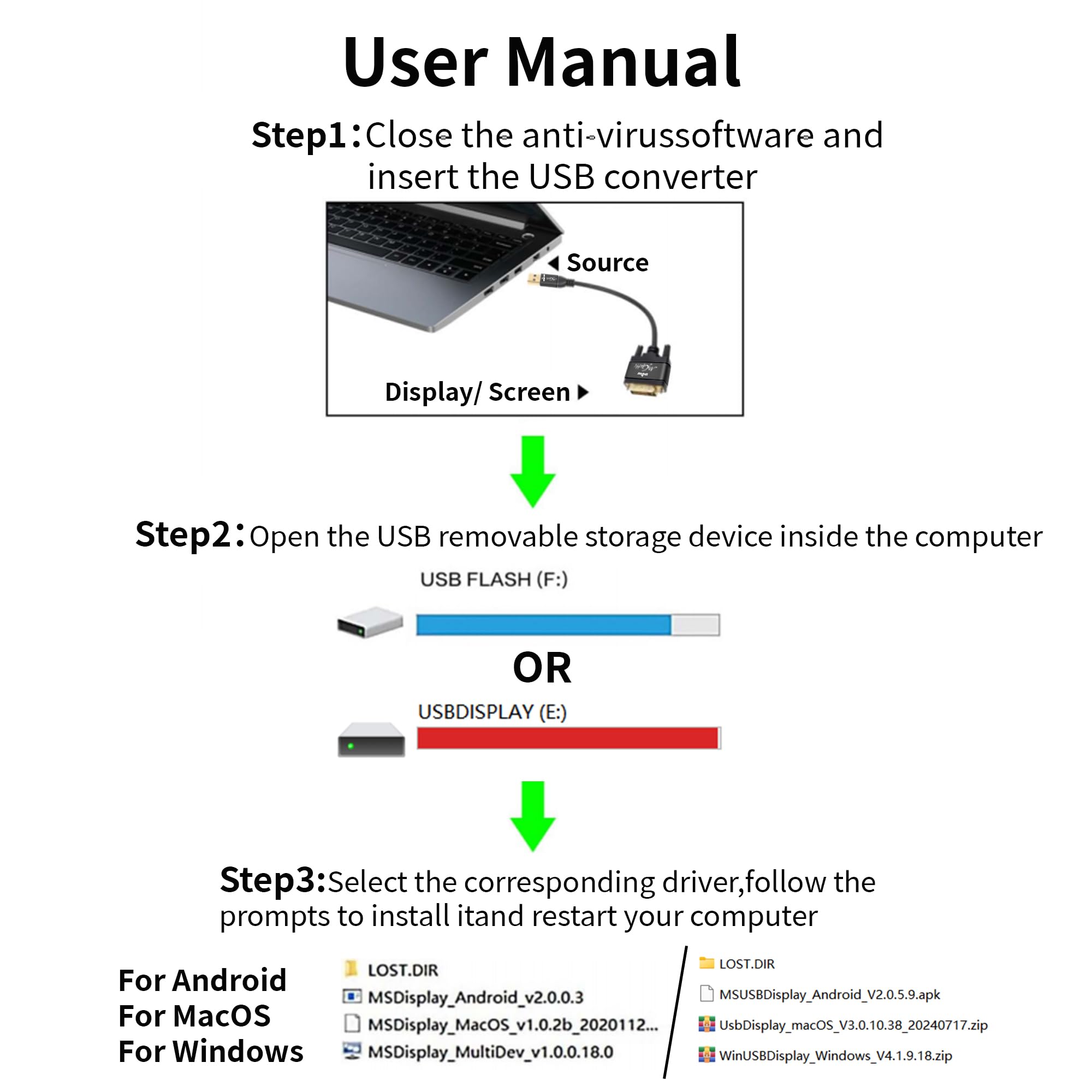 Kabel adaptera USB 3.0 na DVI 2 m, męski na DVI, 1080p Full HD do telewizora, projektora, monitora, kompatybilny z Windows 11/10/8.1/8/7, MacOS, wymagana instalacja sterownika