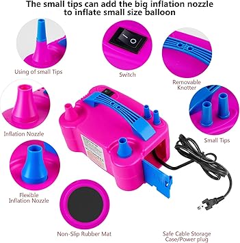 Electric Balloon Pump, Portable Electric Balloon Blower Machine Balloon Air Pump, Dual Nozzle 110V 600W Balloon Inflator for Party Decoration Christmas Birthday-Rose Red