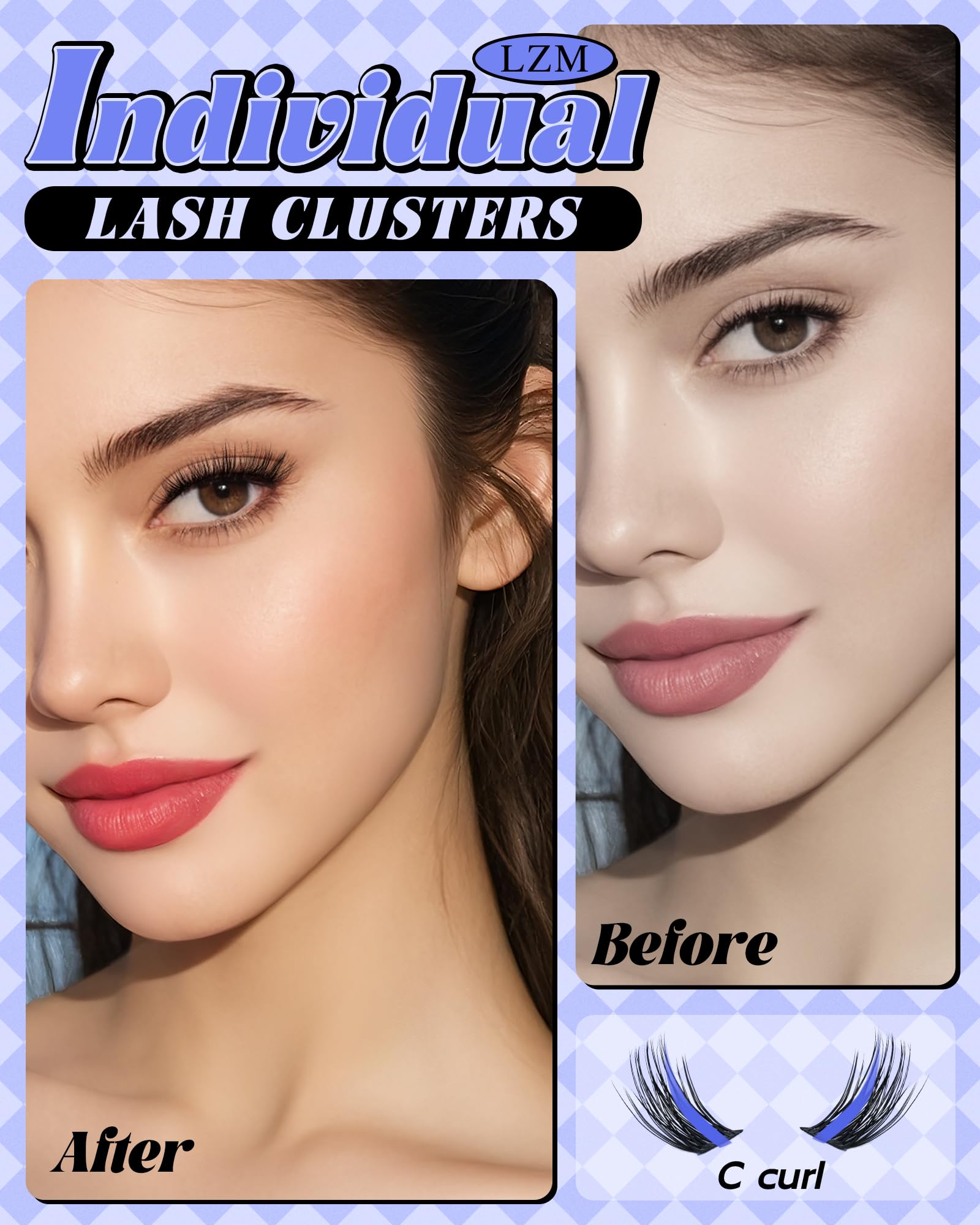 LZM Pojedyncze rzęsy w kępkach Cluster Lashes - C Curl rzęsy pojedyncze naturalne Cienkie taśmy Wygodne i lekkie Wispy Manga lash kępki Do codziennego użytku (lawendowa C MIX)