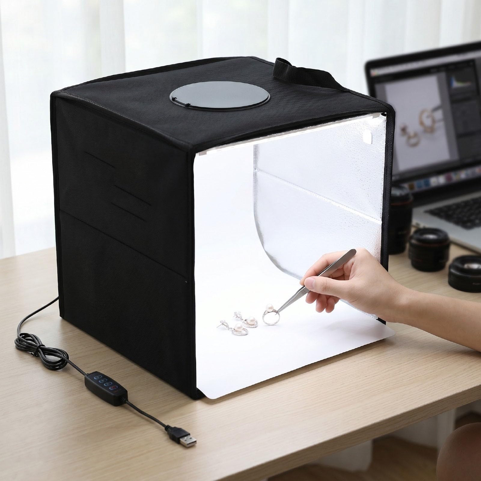 Caja de Luz Fotografica de 30x30x30 Cm para Propietarios Pequenos Negocios Que Toman Fotos Productos 120 LED Regulables Proporcionan Iluminacion Brillante y Uniforme