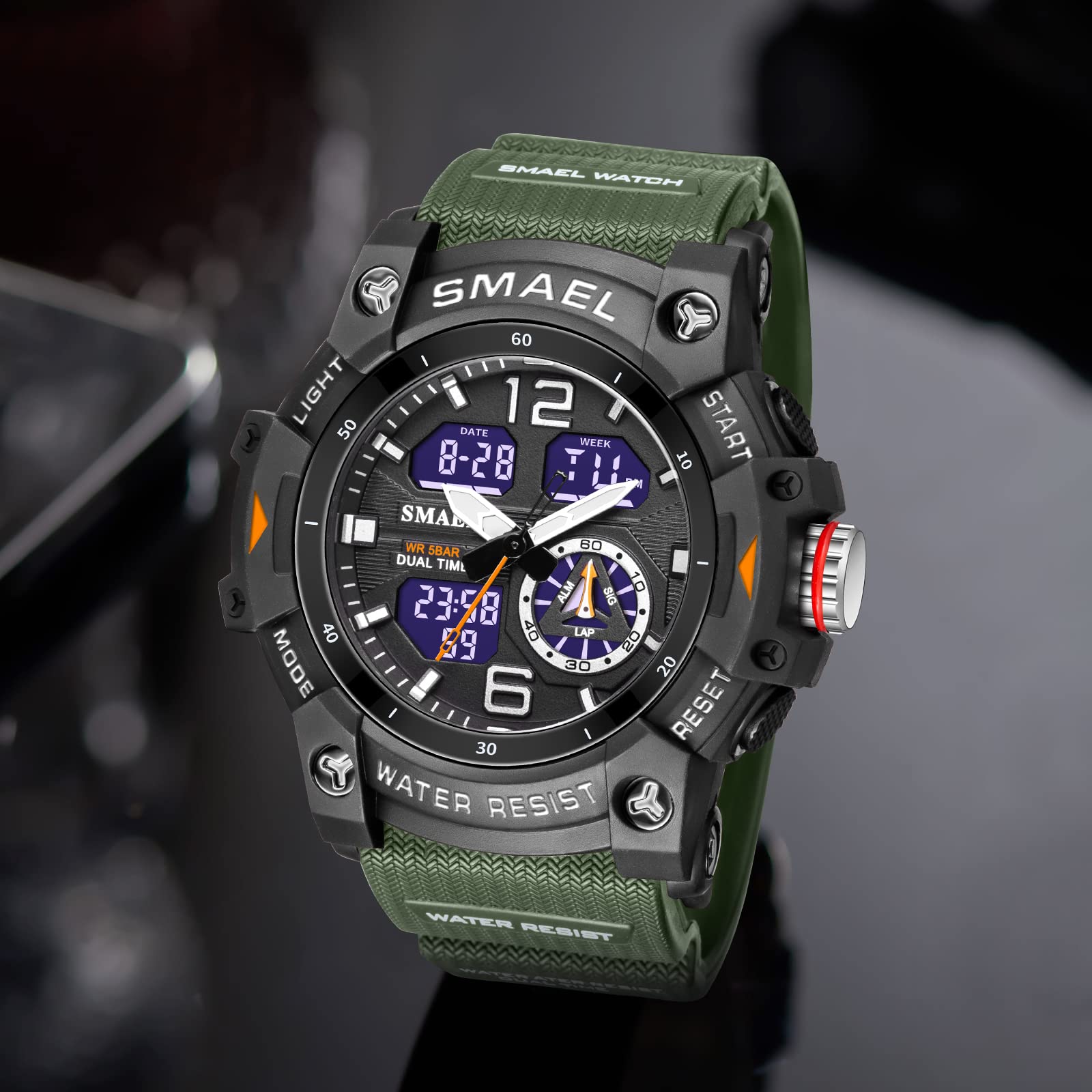 SMAEL 8007 - Reloj deportivo digital para hombre, reloj de pulsera con movimiento dual de cuarzo (verde militar), Verde militar.