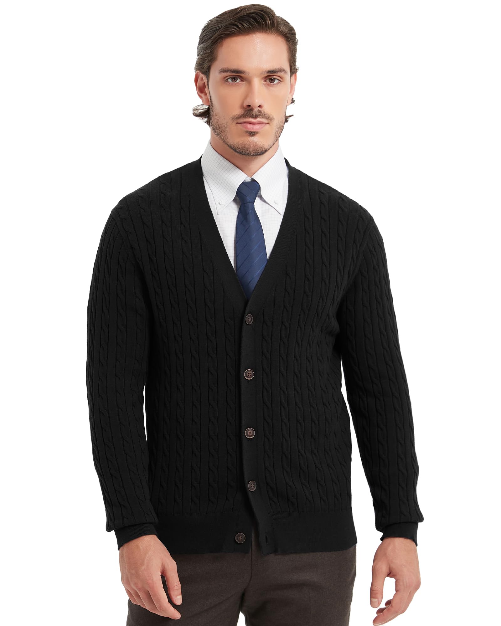 Kallspin Herren 100% Baumwolle V-Ausschnitt Langarm Strickjacke mit Zopfmuster Knöpfen Casual Cardigan Sweater