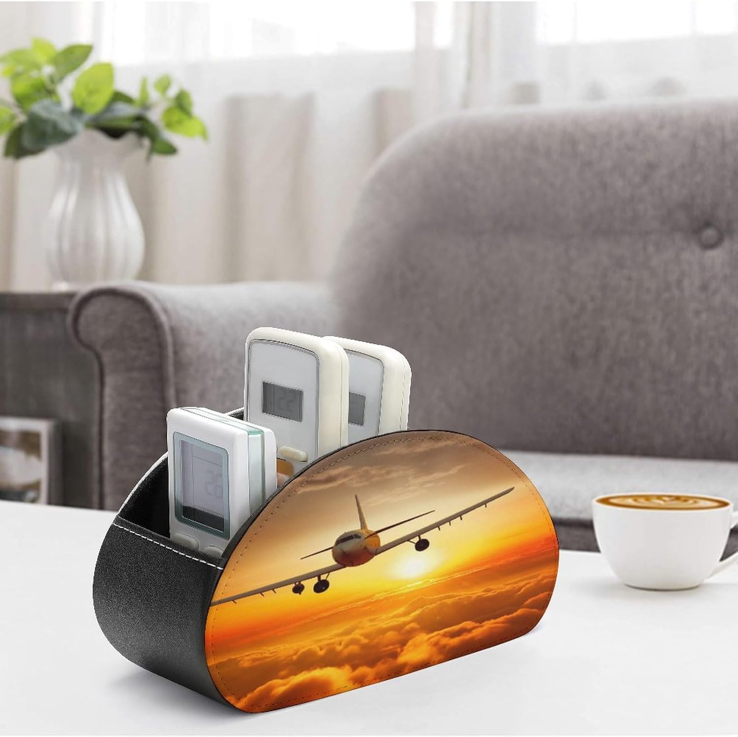 Leather Remote Control Holder Storage Container, WithAircraft Plane at Sunset Printed Living Room Media Storage Organizer, with 5 Compartments for TV Remote Phone Caddy Eyeglasses image 4