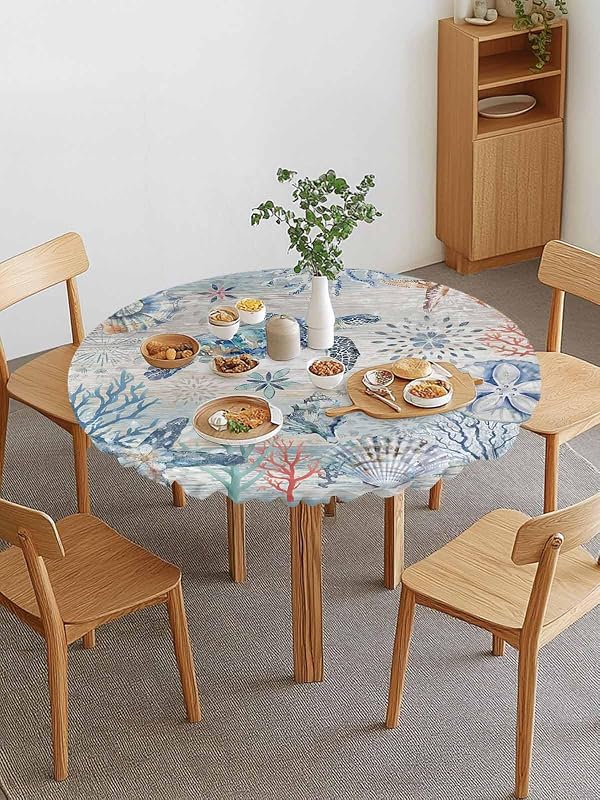 Ocean Sea Turtle Round Tablecloth Fitted Elastic Edged Starfish Coral Shell Conch Table Cover Coastal Blue Sea Turtle Coral Waterproof Table Cloth(Round Tight Fits Table up to 36"-44" Diameter) by CosyBright - Used condition - Image 2