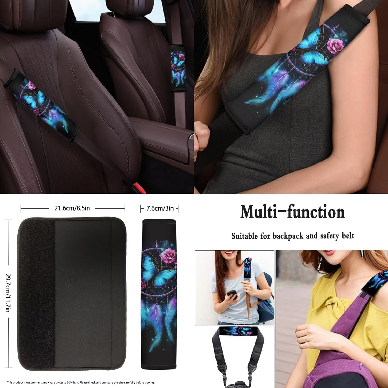 Cozeyat Dreamcatcher Butterfly Front Back Car Seat Covers Protector Set Steering Wheel Cover with Armrest Cover and Seatbelts Pads 8 Pcs Set Car Interior Accessories Decor for Women