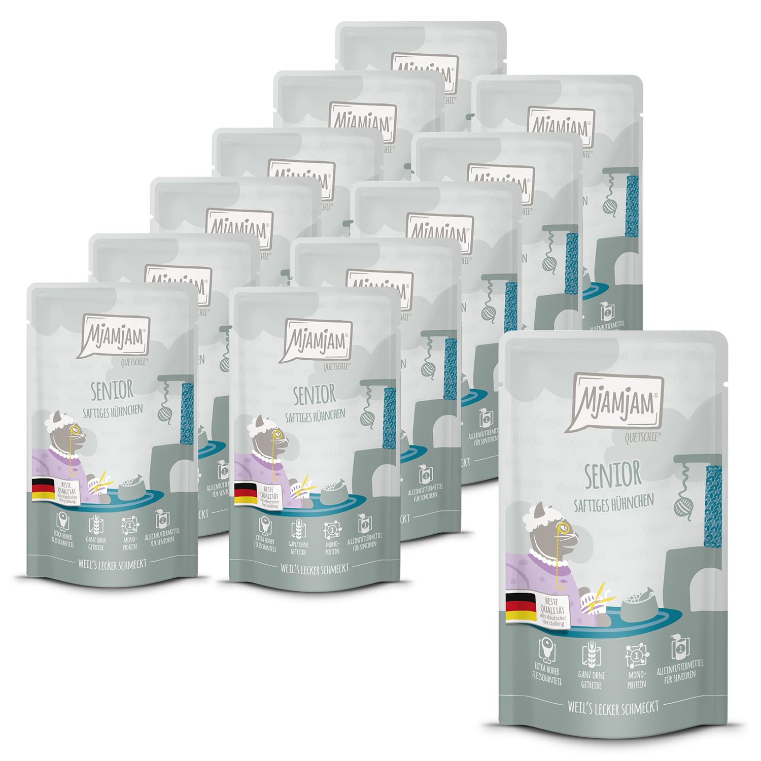 MjAMjAM - Premium Nassfutter für Katzen - Quetschie - Senior - saftiges Hühnchen, 12er Pack (12x125g), getreidefrei
