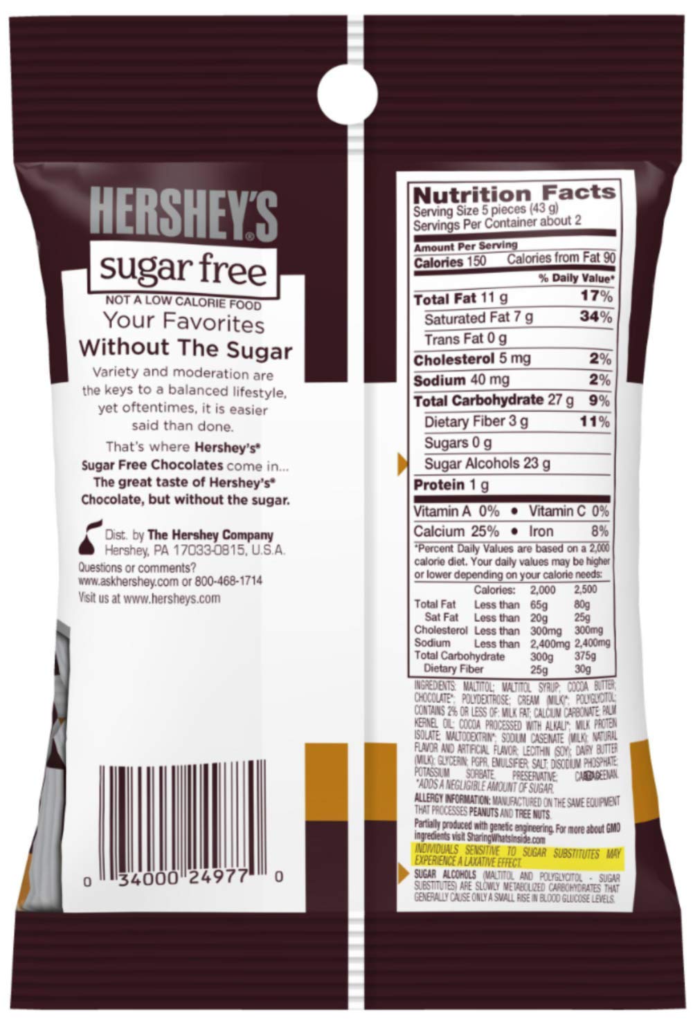 Hershey's Sugar Free Chocolate with Caramel Candy, 3 Ounce Bag, Pack of 3