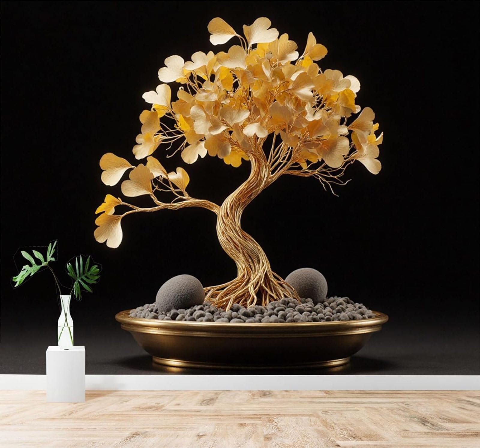 Xlming 400Cm×280Cm(B×H) Three Dimensional Luxury Gold Bonsai Trees Gold Leaves 3D Wallpaper Premium Textured Silk Study Dining Living Room Bedroom Sofa Tv Wall Easy Install-400Cm×280Cm
