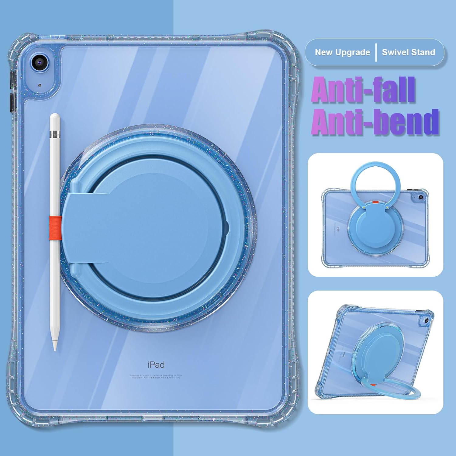 MEEgoodo Case for iPad A16 11th Generation 11 inch 2025, Cover for iPad 10th Generation 2022, Glitter Tablet Cases with Soft TPU & Transparent PC & Rotating Stand for Kids, Light Blue