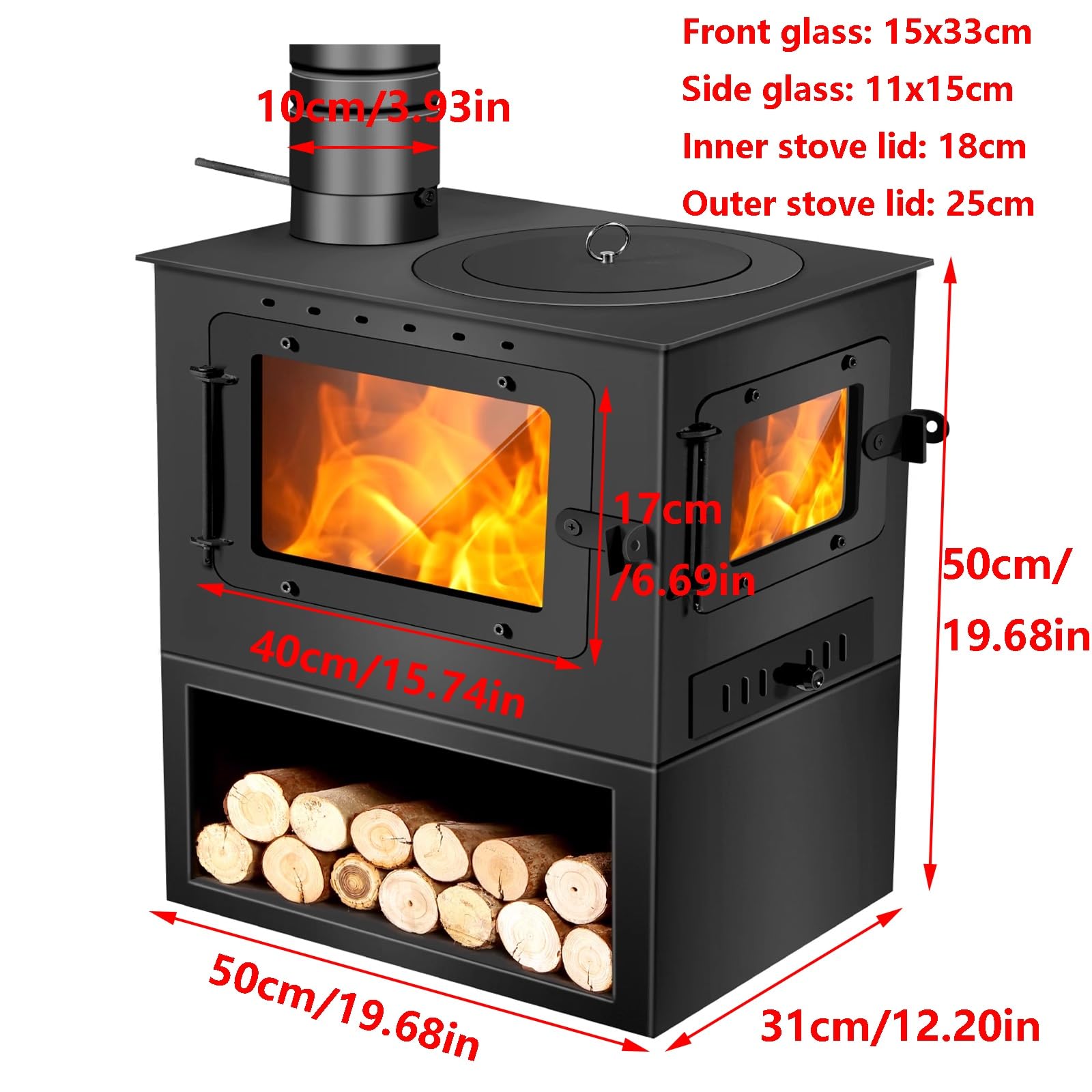 Stufa A Legna Ad Alta Efficienza – Riscaldatore In Acciaio Resistente Al Calore Con Visuale Del Fuoco Bifacciale, Riscaldamento Grande Spazio, Per Casa, Hotel(50 * 31 * 50cm)