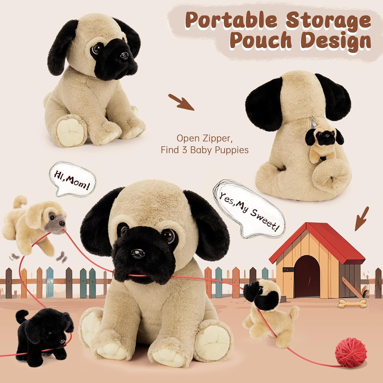 MorisMos Pug Dog Stuffed Animal with Babies,14'' Large Mommy Dog Push with Baby Puppy Toys for Kids,4Pcs Realistic Bulldog Toys for Girl Boy, Stuffed Pug Toy Gift for Birthday Christmas