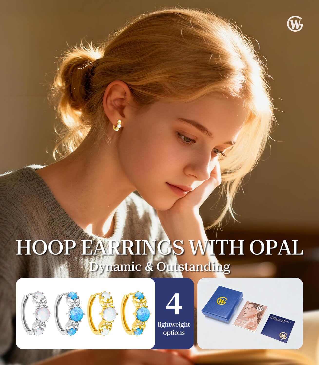 Opal Earrings for Women Gold Plated Hoop Earrings with Blue Opal Huggie with 925 Sterling Silver Post - Image 2