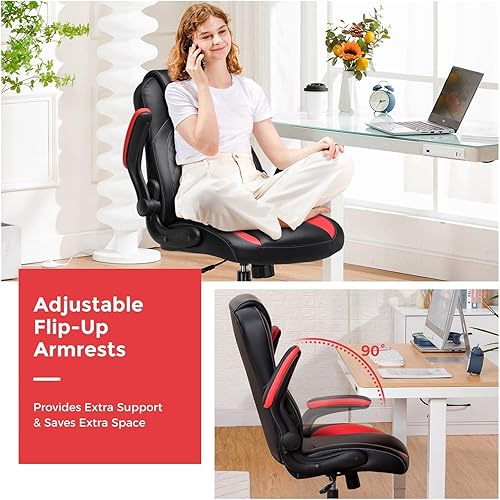 Miniatura 4 de COMHOMA Silla ergonómica para juegos de oficina para adultos, con soporte lumbar, brazos abatibles, altura ajustable, ruedas giratorias de piel