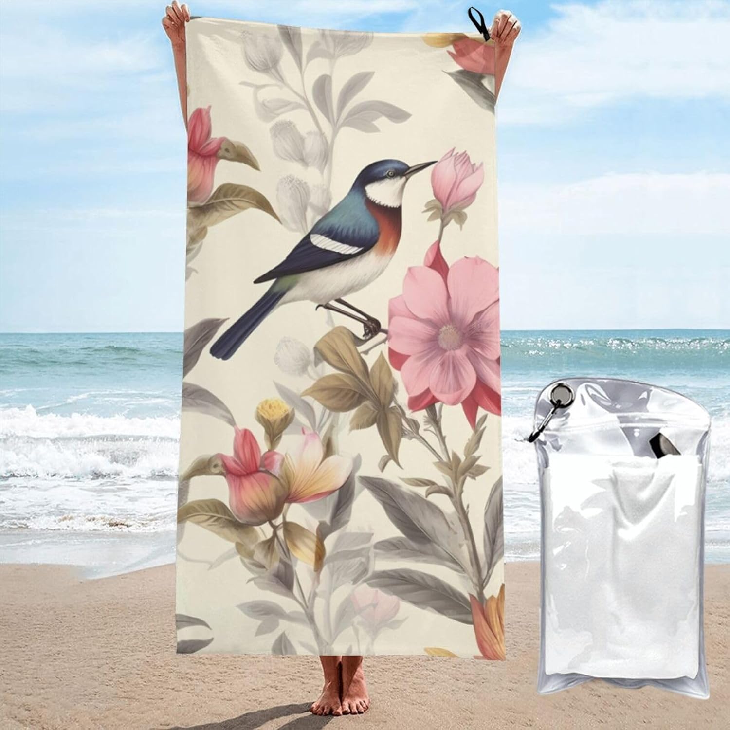 KHiry Microfiber Towel Beach Towels Vintage Bird Flower Quick Dry Towel Soft Lightweight Travel Towels Absorbent Large Easy Pack Travel Things Beach Blanket for Gym Sports Swimming
