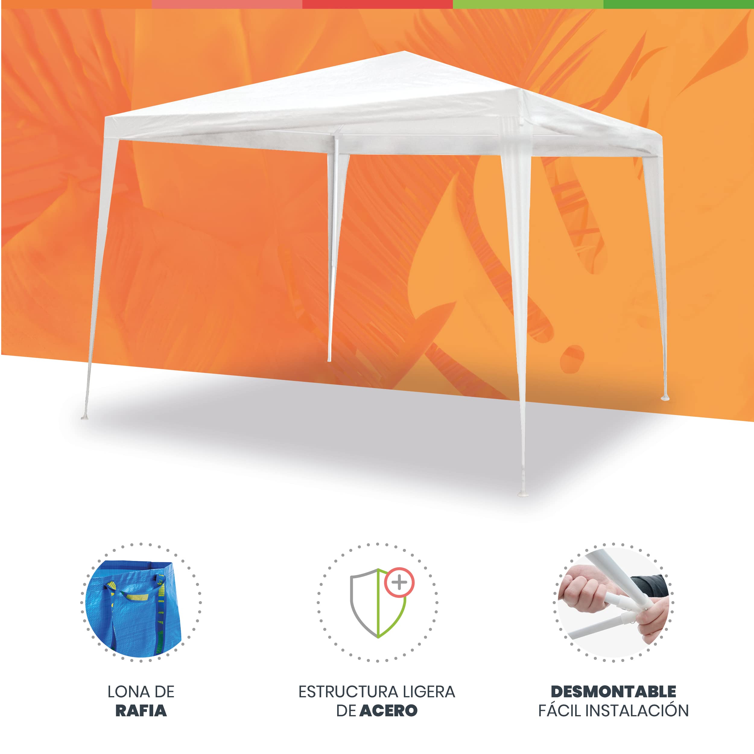 SMARTSUN Carpa Desmontable 3x3m Blanca Cies - Estructura de Acero - Lona Rafia 90 gr/m2 - Piquetas y Vientos incluidos - Jardín Playa Campo terraza