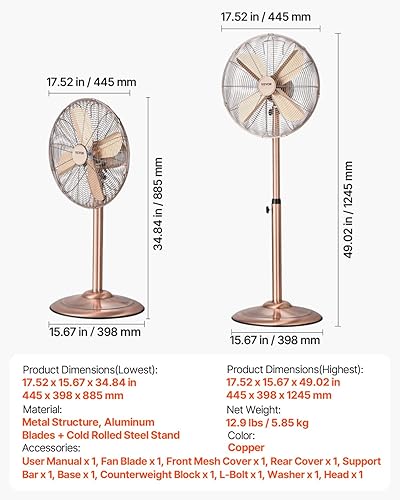 Miniatura 7 de VEVOR Ventilador de pedestal industrial, ventilador oscilante de 16 pulgadas y 75 grados, ventiladores de pie ajustables en altura con 3 velocidades