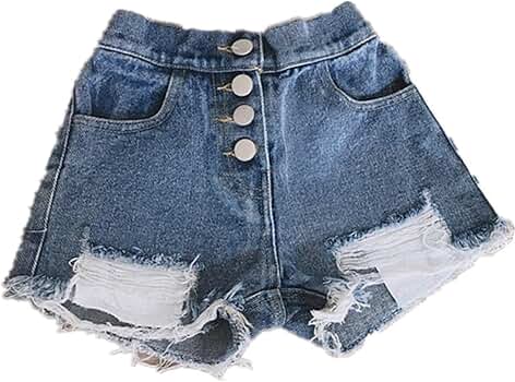 Adigau Girls' Denim Shorts Stretchy Straight Leg Distressed Shorts Elastic High Waist Jeans Shorts With Pockets Stretchy Ripped Raw Hem Trim Shorts 5-6 Years