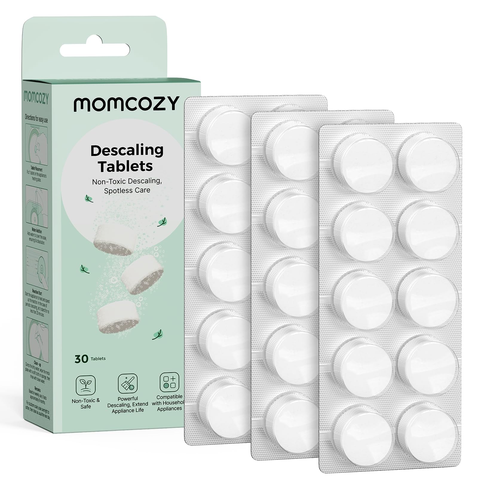 Momcozy Pastillas Descalcificadoras Originales, compatibles con sacaleches Momcozy, calentadores de biberones y esterilizadores; eliminan restos de leche y cal, paquete de 30 unidades