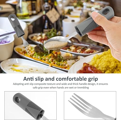 Miniatura 7 de Juego de utensilios adaptativos, cubiertos pesados, 4 piezas, sólidos y seguros, en ángulo, antideslizantes, de fácil agarre, juego de cubiertos con