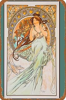 Muroanmi Vintage Look Reproduction Music & Poetry French Nouveau Alphonse Mucha Vintage Advertisement Art Print Retro Tin Plaque Poster 8X12Inch