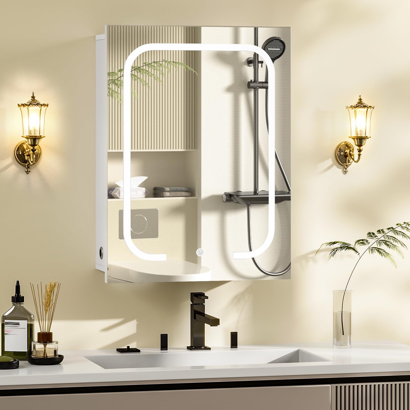 CHOEZON Armario de Baño con Espejo e Iluminación, 3 Temperaturas de Color, Armario de Pared de 45 x 60 cm con Estantes Ajustables, Puerto USB, Interruptor Táctil, Blanco