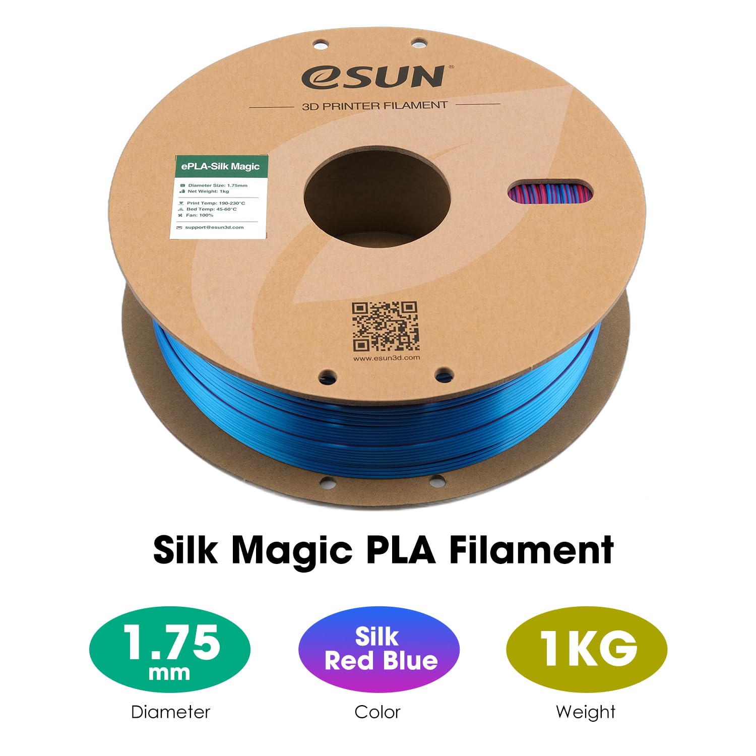 eSUN PLA Magico di Seta Filamento 1,75mm,Filamento per Stampante 3D a Doppio Colore Seta PLA,Precisione Dimensionale +/-0.05mm, Bobina da 1kg Filamento per Stampa 3D per Stampanti 3D,Seta Rosso Blu