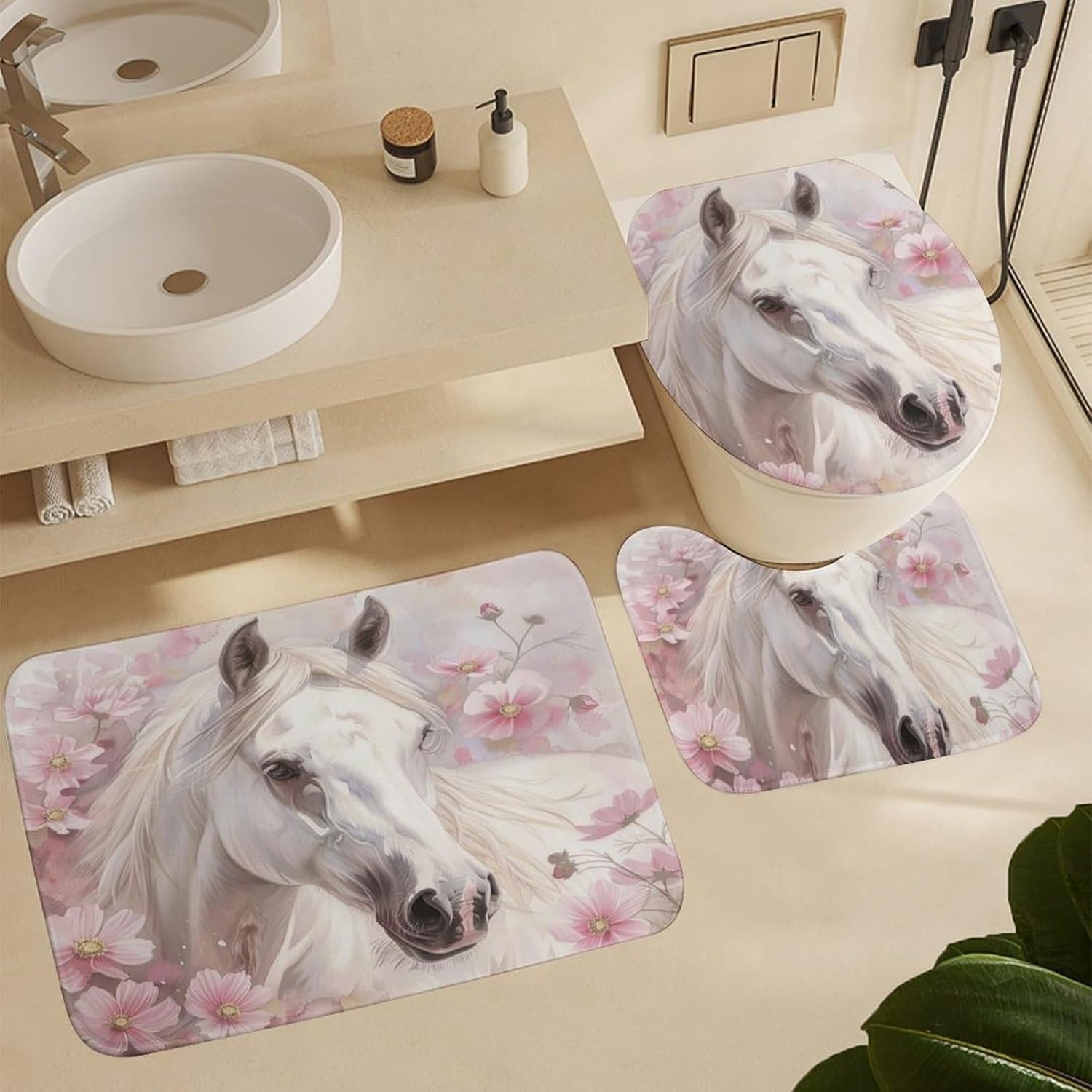 4Pcs Watercolor Floral Horse Shower Curtain Set with Toilet Lid Cover U-Shaped Mat and Non-Slip Rugs, Elegant Animal Stallion Wildflower Shower Curtain Bathroom Decor Set, 72" x 72"