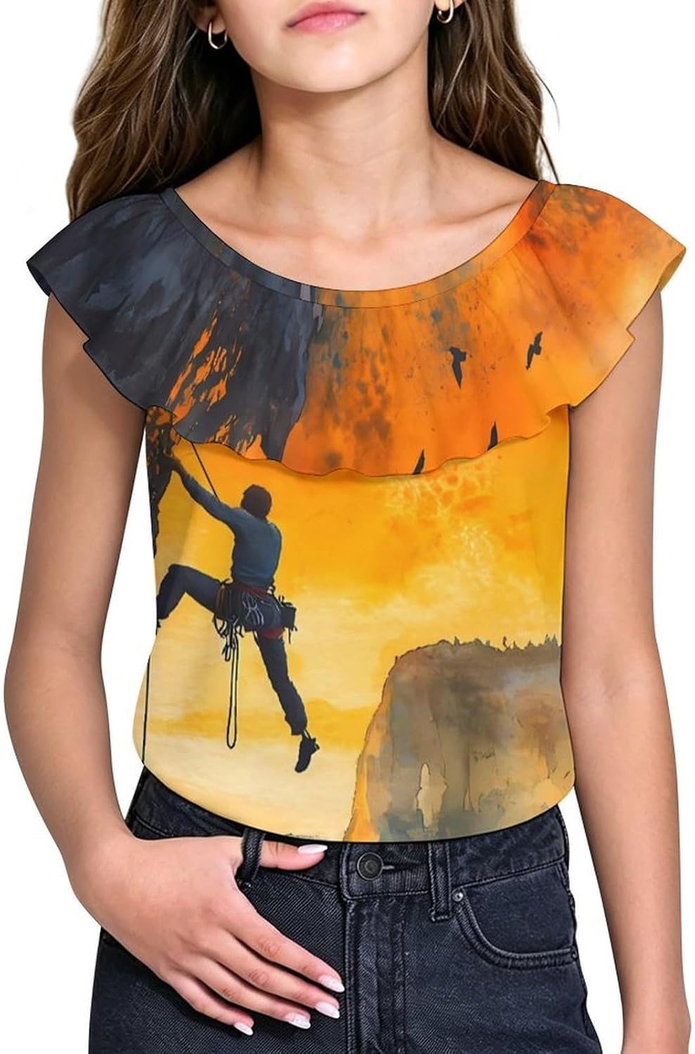 Rock Climbing Climber Mountains Girls T-Shirts Top Ruffle Short Sleeve Blouse Casual Graphic Tees