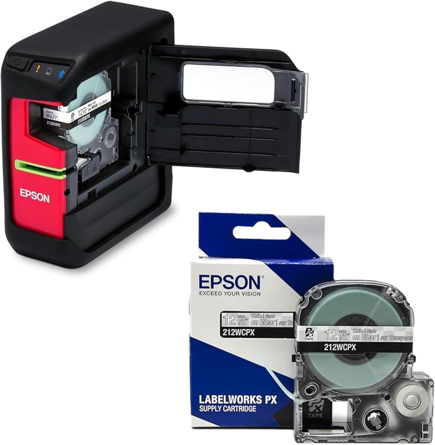 LABELWORKS Epson LW-PX400 Fishing Rod Bundle - Industrial Label Maker Kit & Epson 212WCPX Genuine PET (Polyester) Tape Cartridge - White on Clear Label Maker Tape - 1/2" (12MM) Wide, 30'