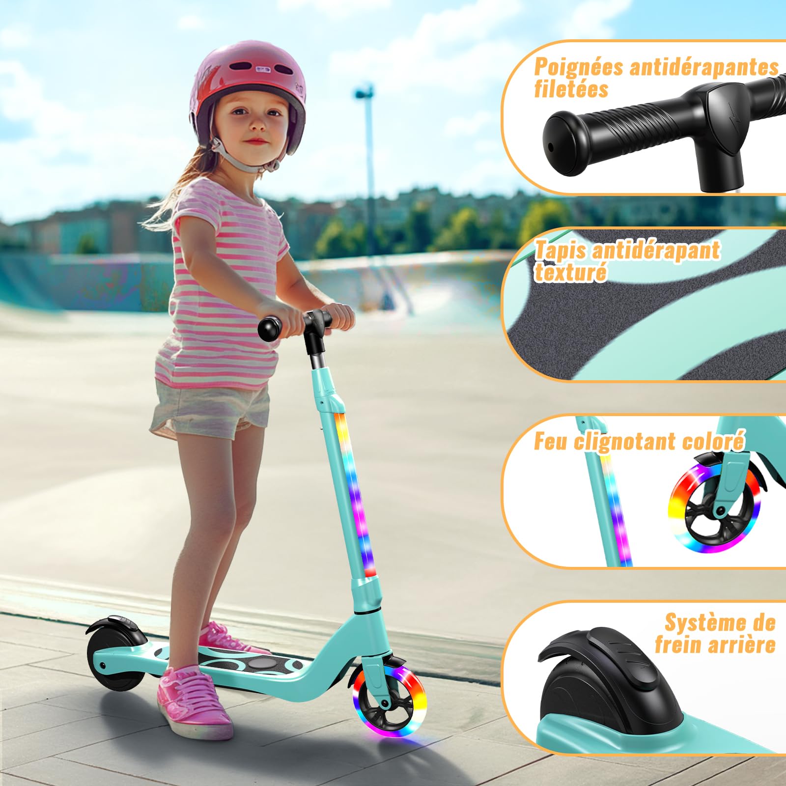 TST - Patinete eléctrico para niños de 6 a 8 a 10 años con luz LED Colorida y 3 Alturas Ajustables, 5,3 Pulgadas, Scooter eléctrico para niños, Carga máxima 70 kg, Velocidad máxima 10 km/h, autonomía