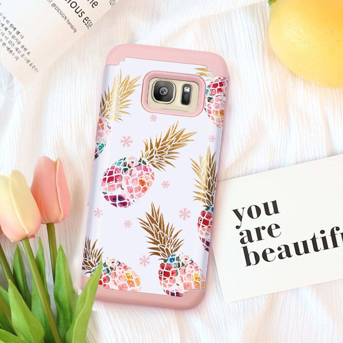 Fingic Galaxy S7 Case,Pineapple S7 Cases, Cute Pineapple Slim Hybrid Case Hard PC&Soft Rubber Anti-Scratch Protective Case for Ladies Girls Cover for Samsung Galaxy S7(G930) ONLY,Pineapple/Rose Gold